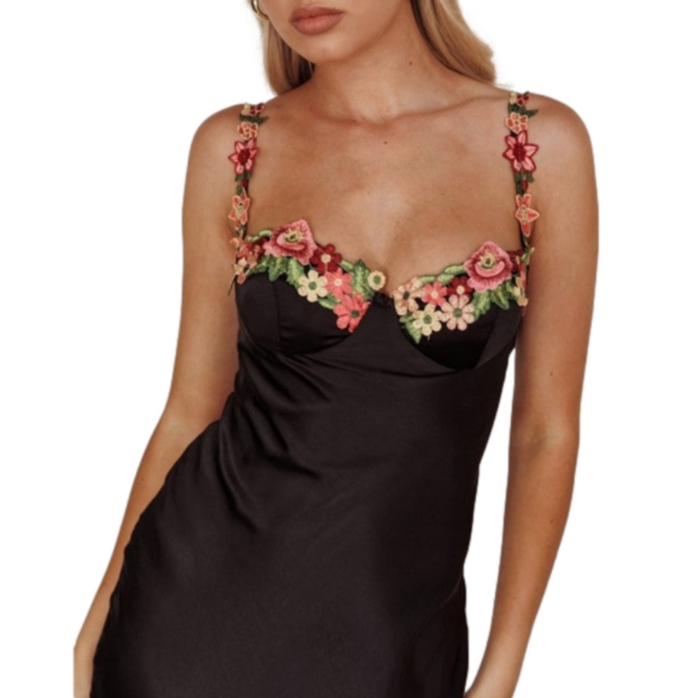 Flower Detailed Maxi fairy slip Satin Dress Size L
